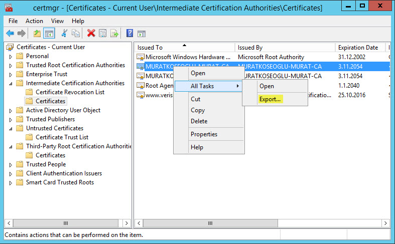 Microsoft Server Essentials. Certmgr. Microsoft Certification Authority (Windows Server 2012 r2 Standard.